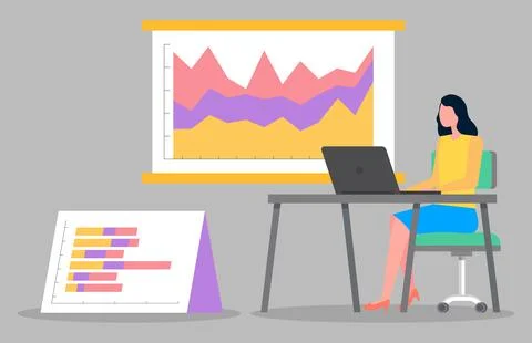 Analysing graphics, charts, business analytics, woman work at laptop sitting at Stockillustratie