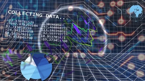 ANALYSING label showing, core node animating charts, bars rising, numbers Stock Footage 335739833