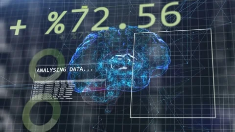 ANALYSING panel appearing 3D brain pulsing while percents cycling and binary Stock Footage 334351862