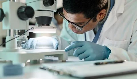 Analysing the sample. a young scientist using a microscope in a lab. Stock Photos