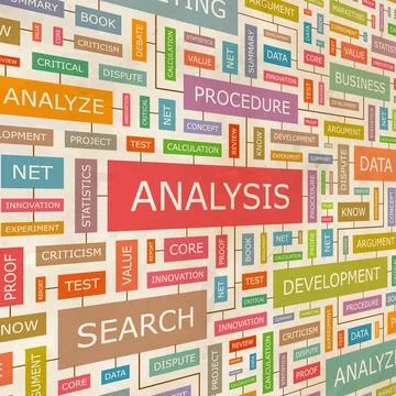 ANALYSIS ANALYSIS. Concept related words in tag cloud. Conceptual info-tex... Foto stock