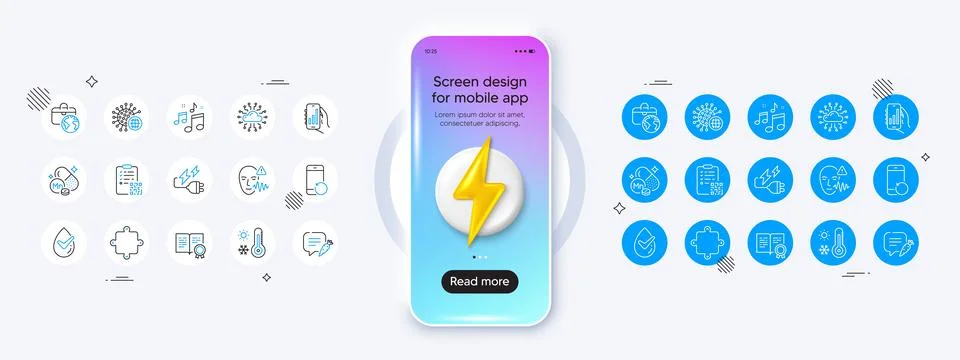 Analysis app, Qr code and Chat bubble line icons. For web app, printing. Phone Illustrazione stock