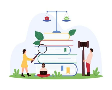 Analysis for compliance with rules and laws, tiny people reading new regulatory Stockillustratie