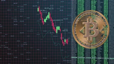 Analysis of Cryptocurrency Market Trends Featuring Bitcoins Fluctuations on Stock Footage 321443341