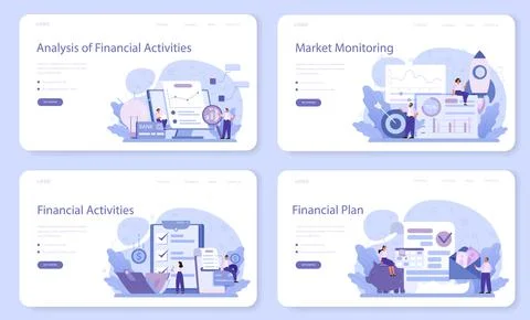 Analysis of financial activities web banner or landing page set. Stock Illustration