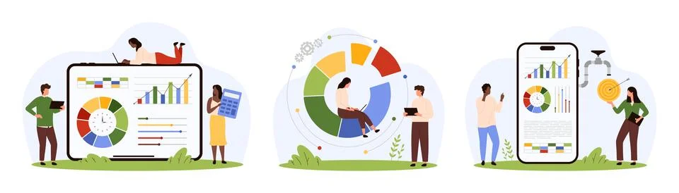 Analysis of financial data, reports and statistic charts in mobile app set by 스톡 일러스트