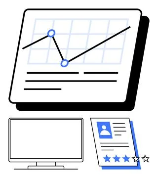 Analysis graph with rising trend, computer monitor, and a ranked profile hi.. Illustrazione stock