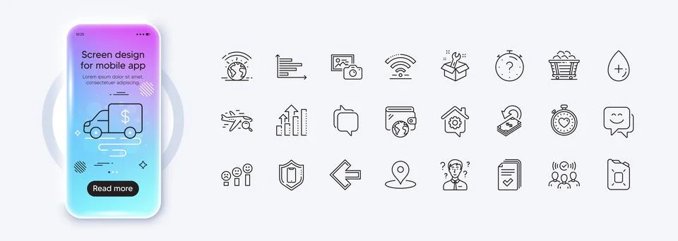 Analysis graph, Smartphone protection and Greenhouse line icons for web app Stock-Illustration