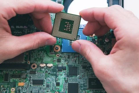 Analysis , installing of processor in CPU socket 스톡 사진