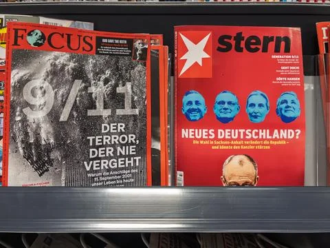 Analysis of Magazine Covers Featuring 9/11 and German Politics Stock Photos