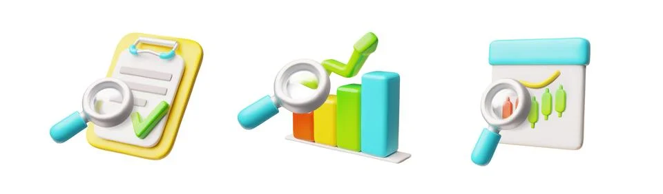 Analysis with magnifying glass 3D vector set, diagram, candlestick chart and Stock Illustration