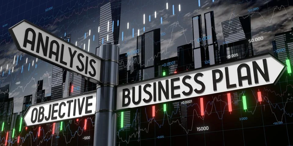 Analysis, Objective, Business Plan - Signpost with Three Arrows - 3D illust.. Stockillustratie