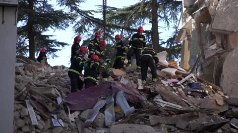 Analysis of rubble at the site of the collapse of a residential building Stock Footage 162588707