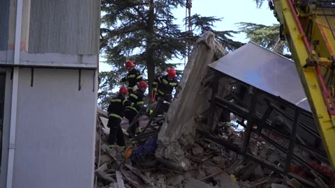 Analysis of rubble at the site of the collapse of a residential building Stock Footage 162589231