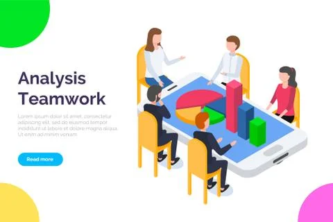 Analysis teamwork landing page template. A team of analysts holds a meeting and イラスト素材