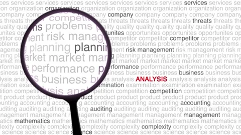 Analysis Text or Word Cloud Tag Animation with Magnifying Glass Animation Stock Footage 301490672