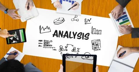 Analysis text surrounded by icons and hands Stock Photos