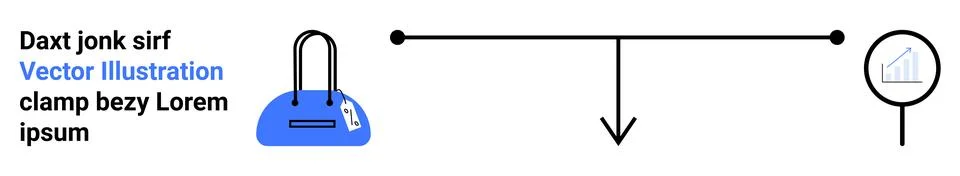 Analysis timeline with horizontal line, downward arrow, magnifier showing upw Stock Illustration