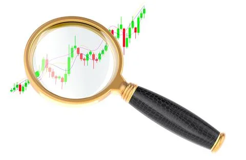 Analysis of trade market, concept. Candlestick chart with magnifying glass... Stock Illustration