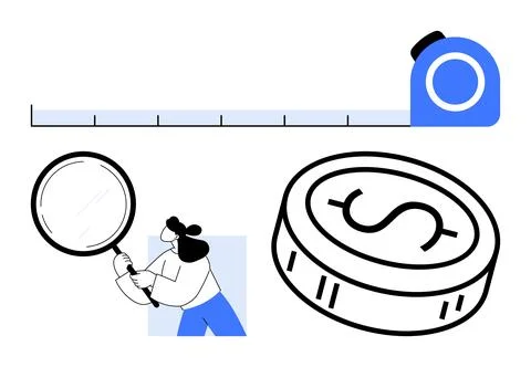 Analysis of Value with Magnifying Glass, Tape Measure, and Dollar Coin Repr.. Stock Illustration