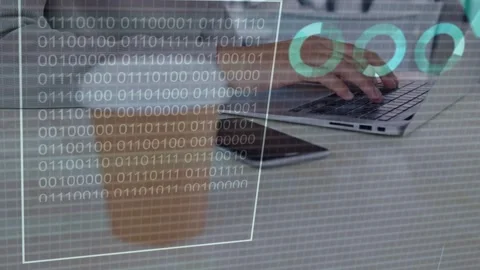 Analyst adjusting cup, typing on laptop, activating data percents, binary, phone Stockbeeldmateriaal 335739913