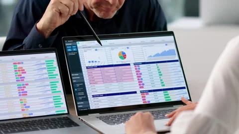 Analyst And Coder Review Spreadsheet Data Carefully. Stock Footage 335877904