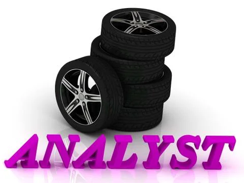 ANALYST- bright letters and rims mashine black wheels on a white background Stock Illustration