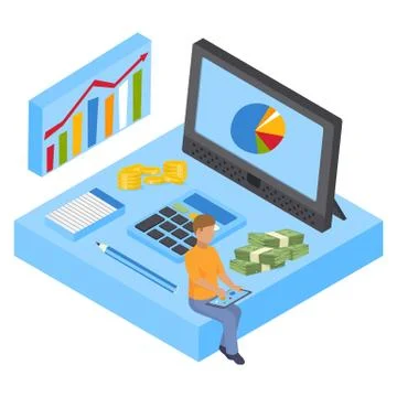 Analyst calculates budget, analyzes data vector isometric illustration. Illustrazione stock