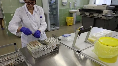 Analyst collects the blood samples Stock Footage 72849065