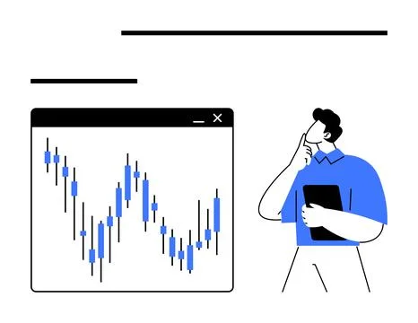 Analyst contemplating data from a fluctuating chart on a screen Illustrazione stock