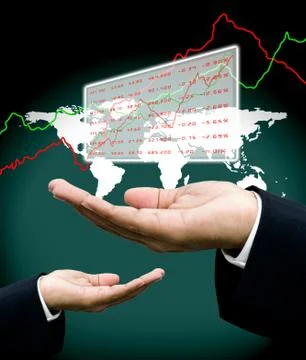Analyst data in investor hand with world map background Stock Illustration