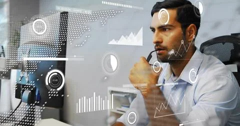 Analyst at desk acting on data alert, analyzing monitor while HUD overlays Stock Photos