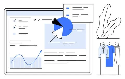 Analyst examining data on digital dashboard displaying charts, graphs, and re Stock Illustration