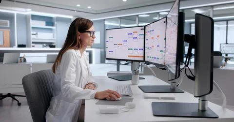 Analyst Focuses On Workflow Automation Using Computer For Business Efficiency 스톡 사진