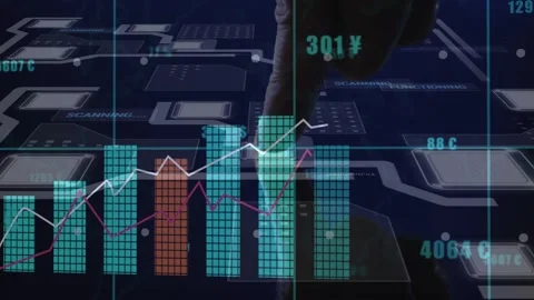 Analyst hand pressing targets on transparent UI, filling stacked bars and Stock Footage 332685864