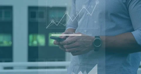 Analyst holding phone on balcony, visualizing tech metrics with bar chart, code, Stock Footage 318237348