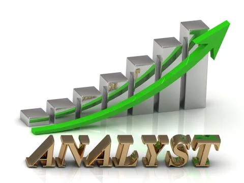 ANALYST- inscription of gold letters and Graphic growth and gold arrows on wh Stock Illustration