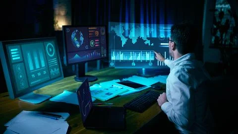 Analyst interacting with digital world map and futuristic data screens. Collage Foto stock