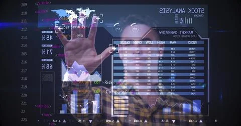 Analyst interacting with holographic touchscreen in control room displaying Stock Photos