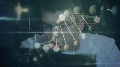 Analyst leaning into screen as HUD nodes moving across face and glasses, Stock Footage 335761931