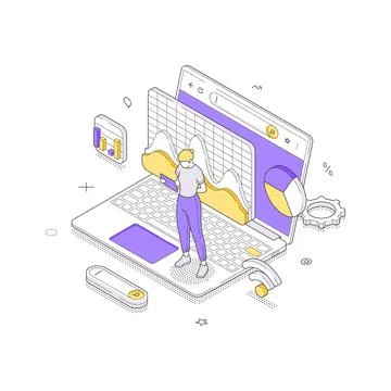 Analyst Managing Multiple Data Windows On A Laptop Screen Isometric Vector .. Stock Illustration
