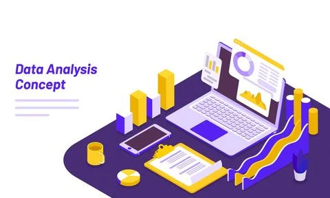 Analyst or developer workplace isometric illustration with laptop, bar and .. Illustrazione stock