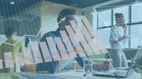 Analyst picking up phone and speaking, activating charts while analyzing data on Stockbeeldmateriaal 335732043