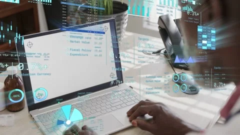 Analyst placing hand on trackpad and gesturing, spinning pie control, updating Stock Footage 333132557