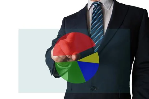 Analyst pointing at pie chart illustrating market share, sales by category Foto stock
