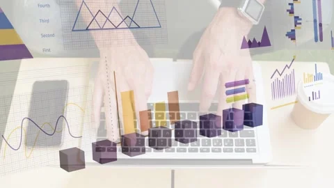 Analyst pressing keys and initiating business data update, animated 3D bars Stockbeeldmateriaal 335732056