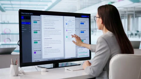 Analyst Reviewing Secure Online Documents Using Cloud Software Stock Footage 330587011