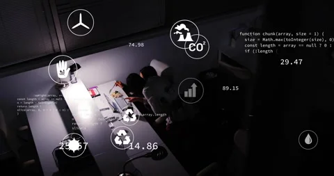 Analyst running script showing floating eco icons while partner pointing code Stock Footage 314742161