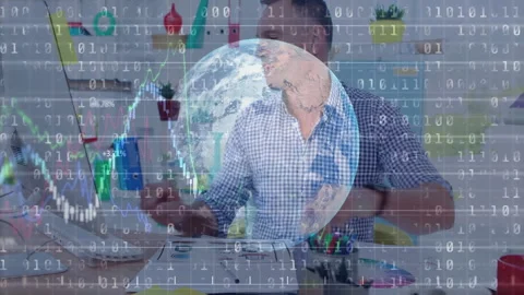 Analyst sketching triggers binary and globe overlays then typing laptop Stock Footage 310140871