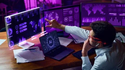 Analyst in smart glasses points at neon purple AI dashboards with futuristic Stock Photos
